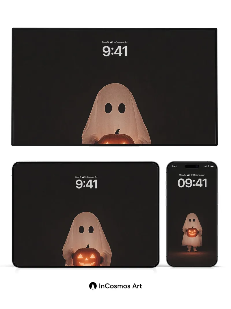 Glowing Ghost Wallpaper with Pumpkin Light