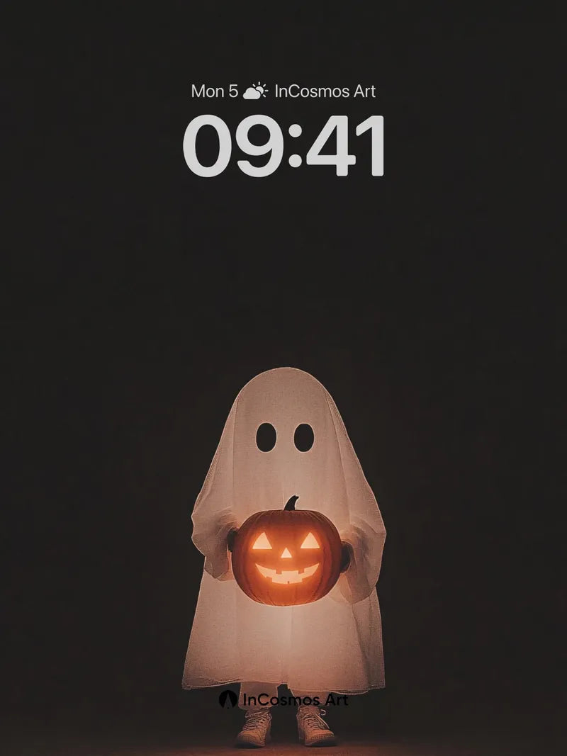 Glowing Ghost Wallpaper with Pumpkin Light