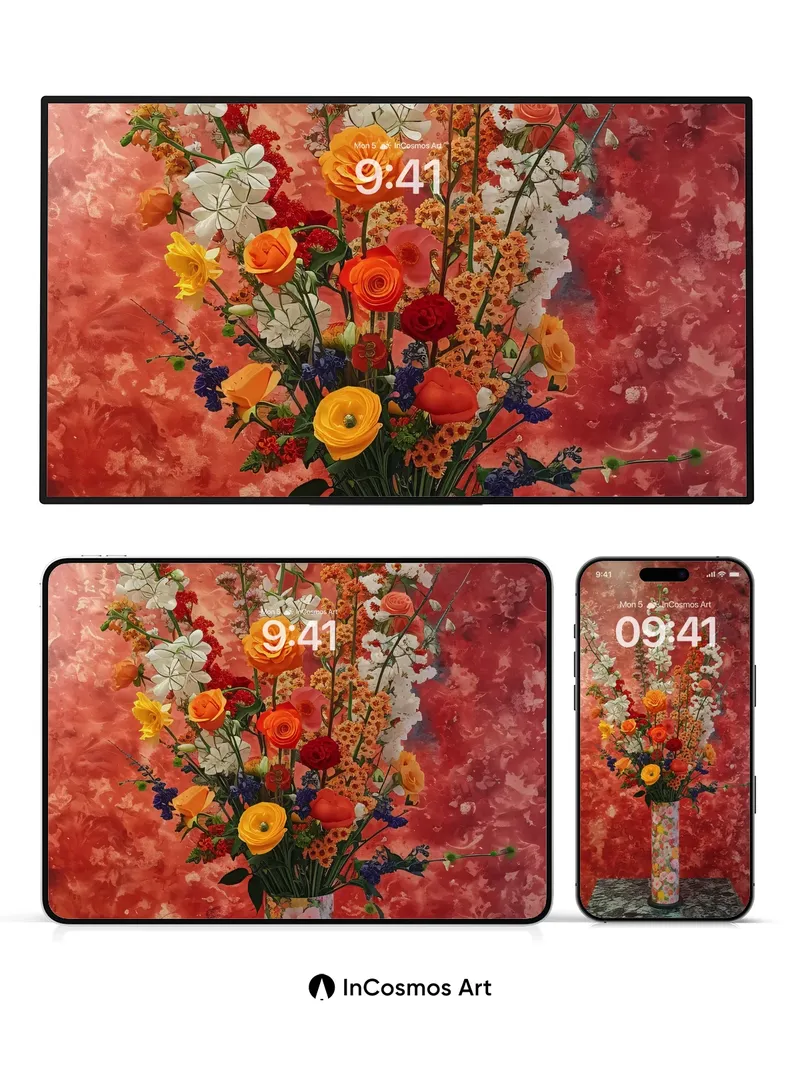 Crimson Bloom Wallpaper with Floral Vase Echo