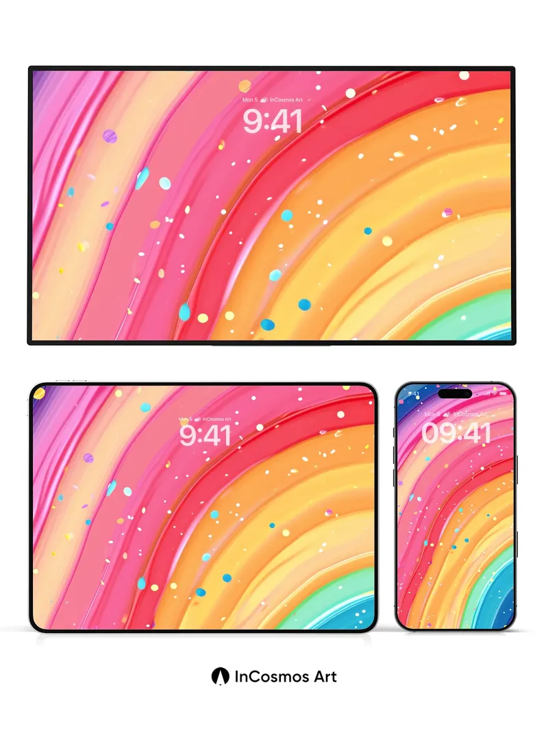 Luminous Rainbow Wallpaper with Sparkling Droplets