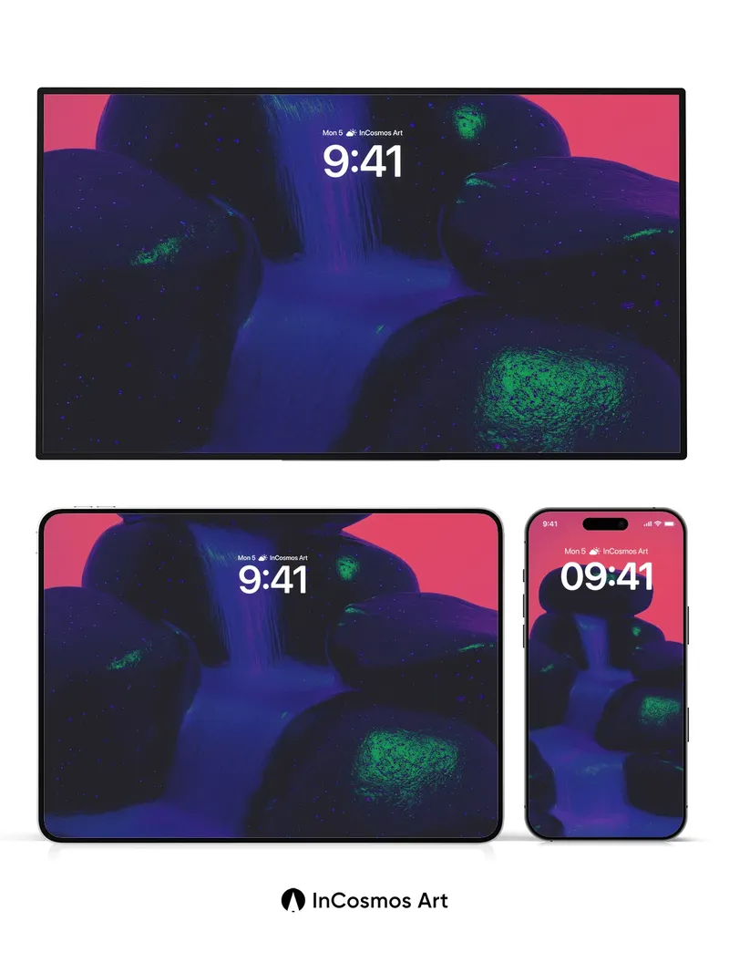 Neon Cascade Wallpaper with Bioluminescent Stones