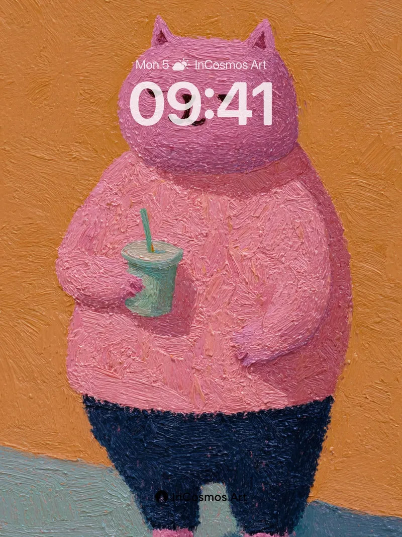 Chubby Pink Cat Wallpaper with Icy Drink wallpaper for iPhone, iPad & Mac