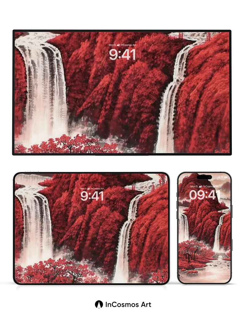 Crimson Cascade Wallpaper with Stone Bridge Echo