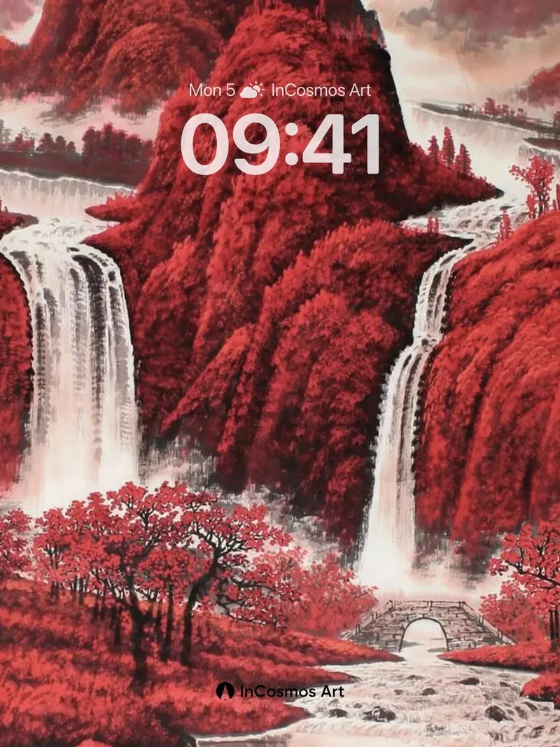 Crimson Cascade Wallpaper with Stone Bridge Echo