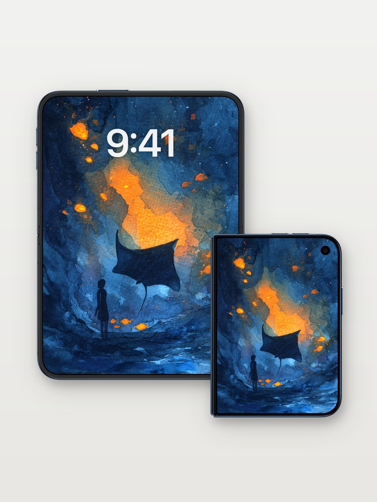 Luminous Depths Wallpaper with Shadowed Wings on iPhone Duo, open and closed