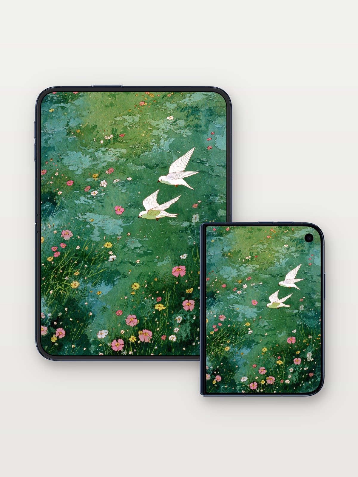 Whispering Wings Wallpaper with Floating Petals on iPhone Duo, open and closed