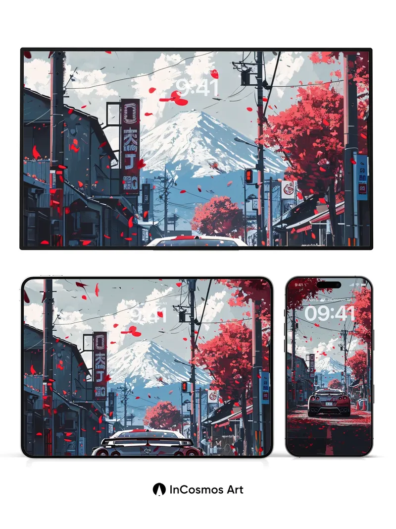 Crimson Drift Wallpaper with Mount Fuji Echo