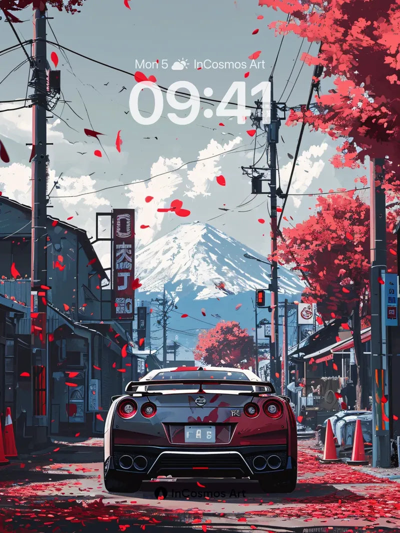 Crimson Drift Wallpaper with Mount Fuji Echo