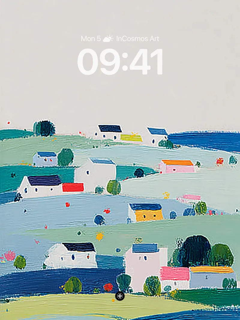 Whimsical Pastel Village Landscape Wallpaper with Rolling Hills wallpaper for iPhone, iPad & Mac