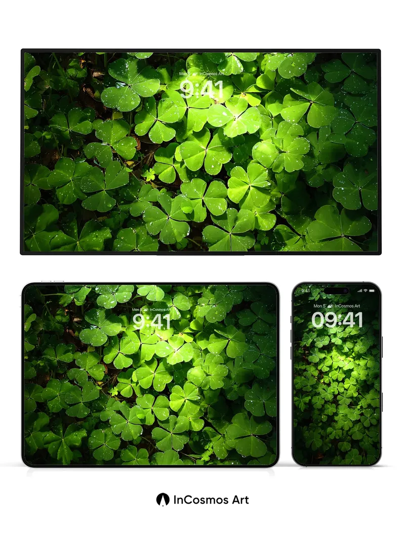 Luminous Clover Wallpaper with Dew-Kissed Leaves