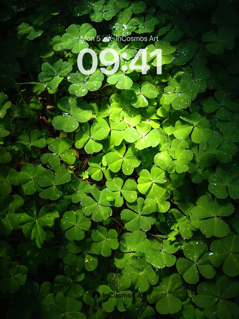 Luminous Clover Wallpaper with Dew-Kissed Leaves