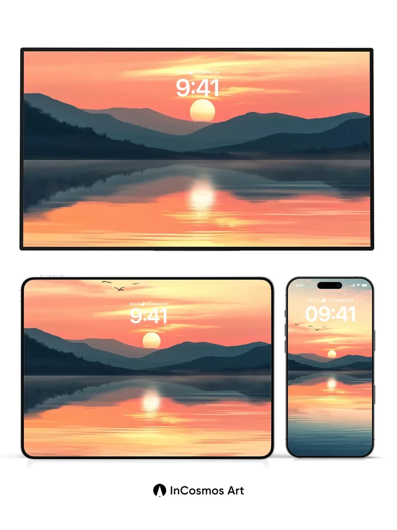 Serenity Sunset Wallpaper with Floating Light