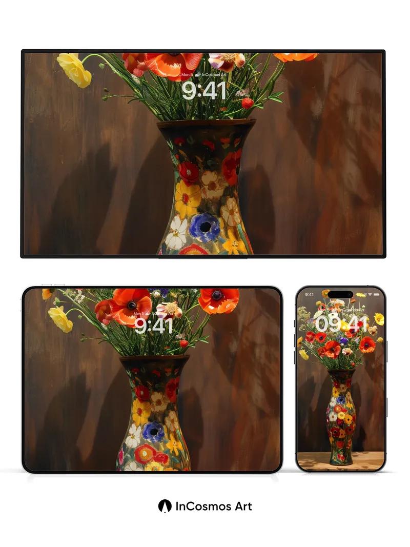 Poppy Bloom Wallpaper with Painted Vase