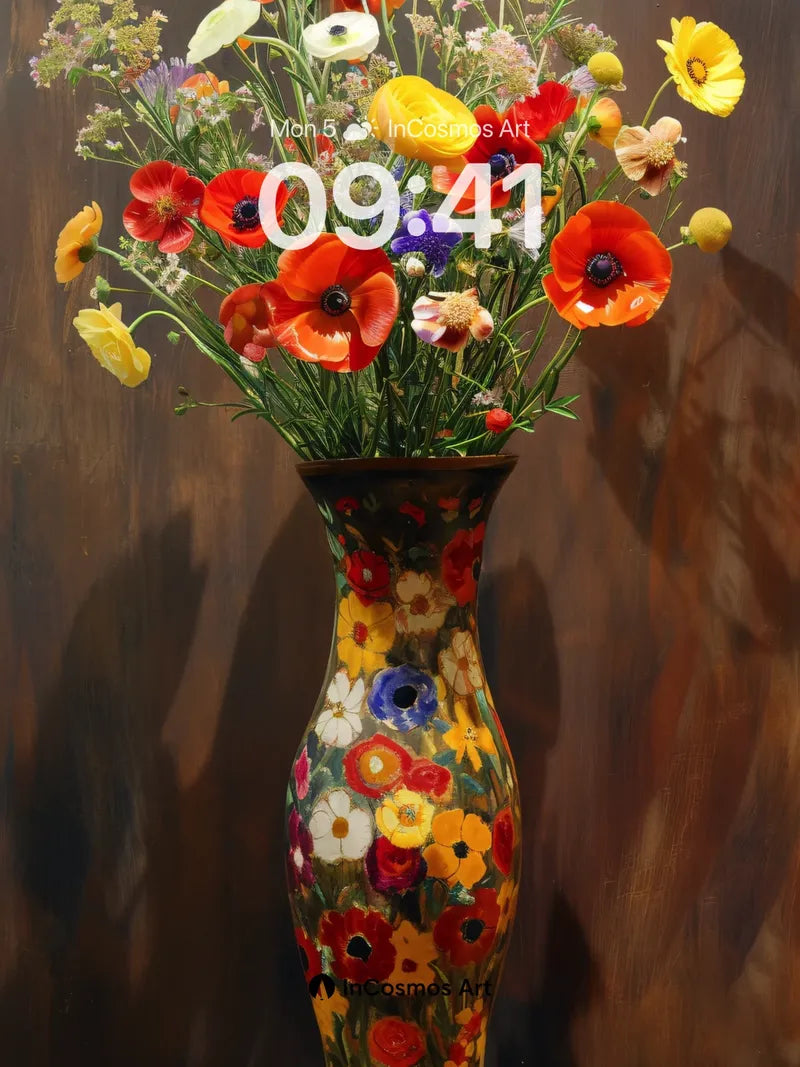 Poppy Bloom Wallpaper with Painted Vase
