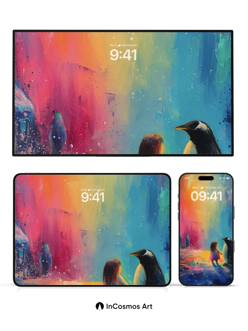 Rainbow Mirage Wallpaper with Penguin Companion