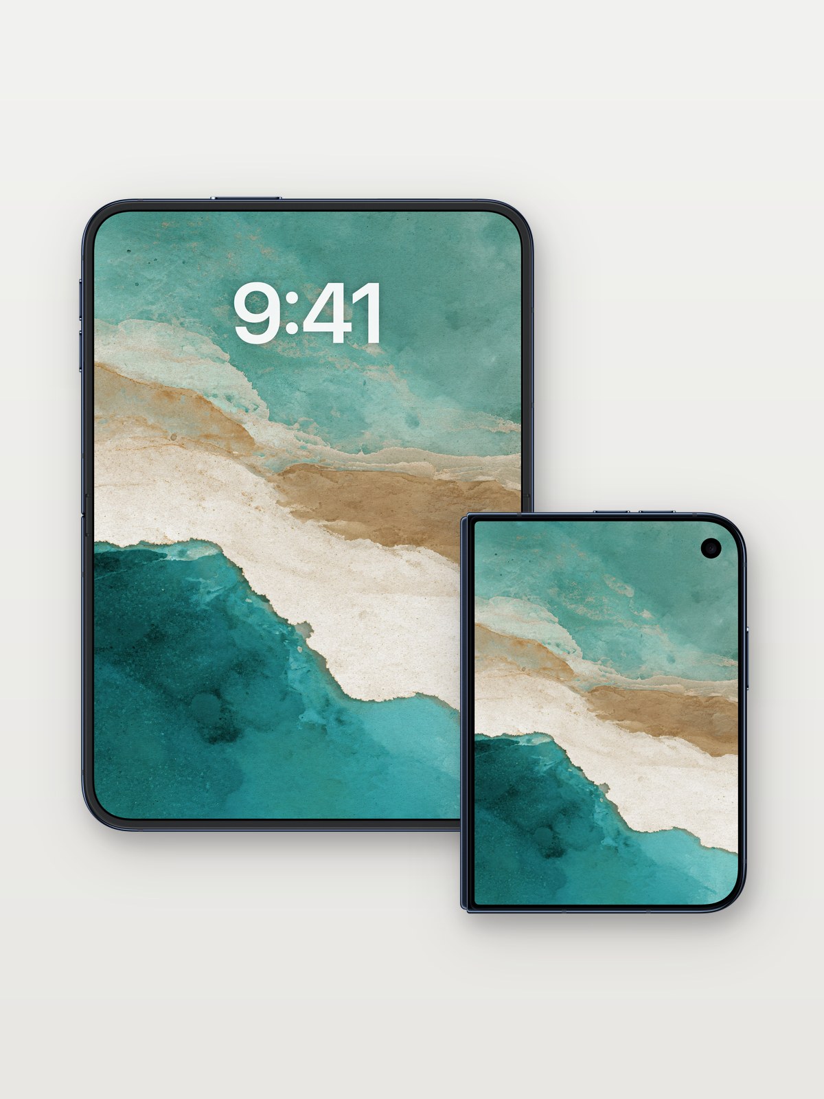Serene Sandstone Wallpaper with Turquoise Tides on iPhone Duo, open and closed