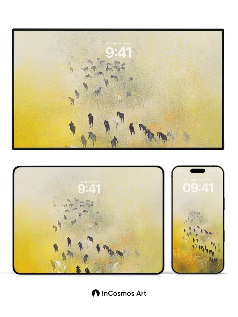 Golden Haze Wallpaper with Herd of Horses