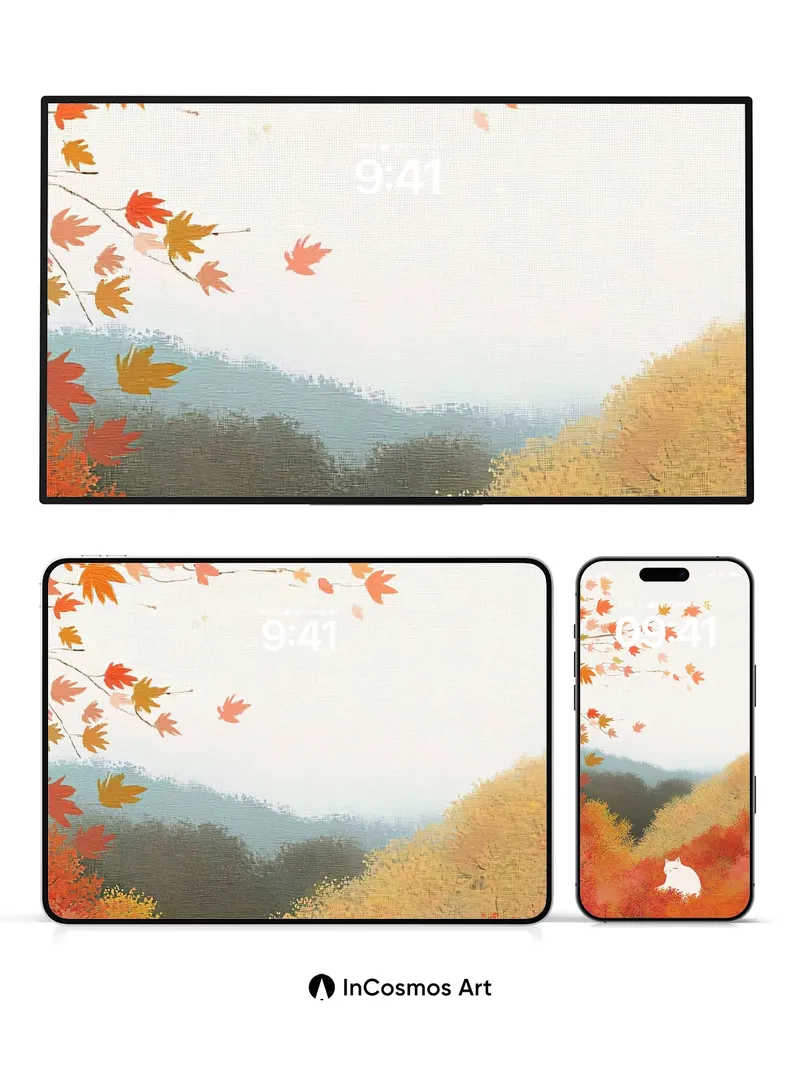 Autumn Hush Wallpaper with White Cat