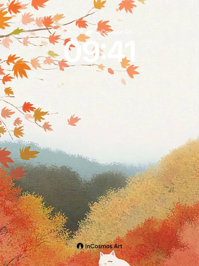 Autumn Hush Wallpaper with White Cat