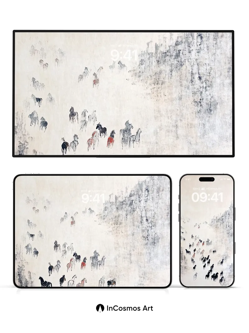 Mistbound Herd Wallpaper with Ink-Blot Mountains