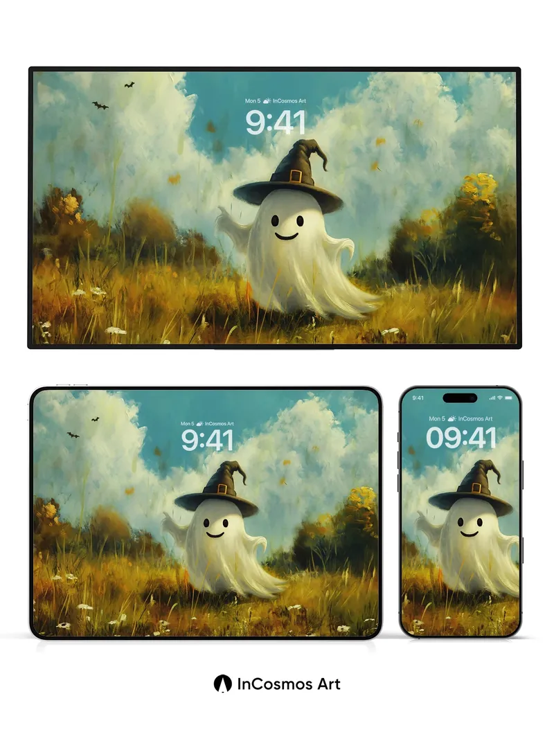 Whimsical Ghost Wallpaper with Autumn Whispers