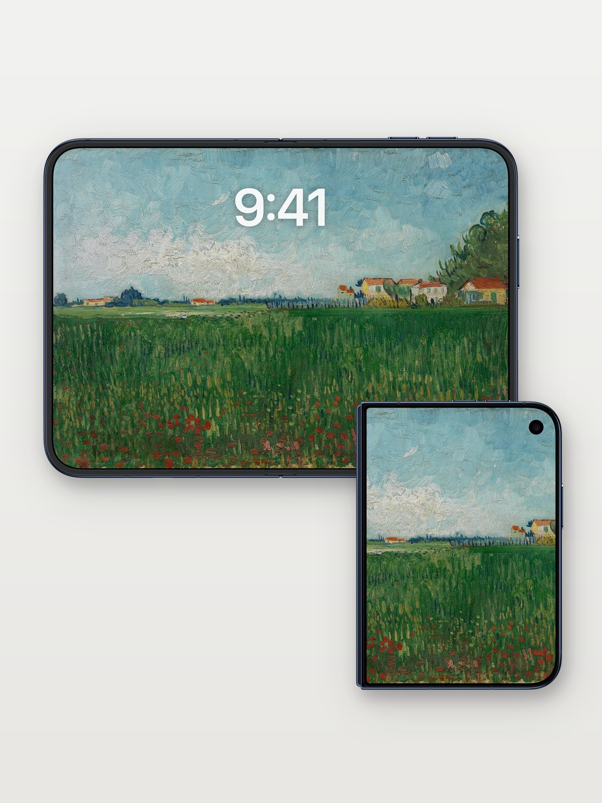Serenity Field Wallpaper with Poppy Whispers on iPhone Duo, open and closed