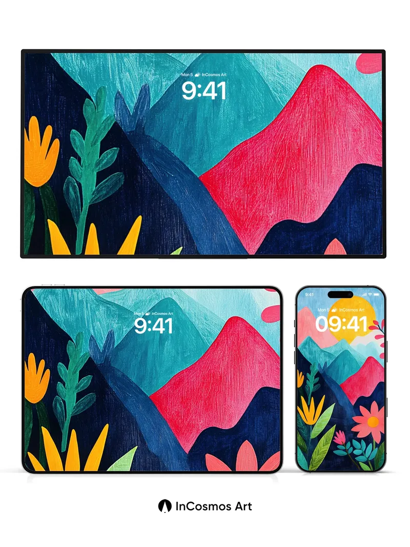 Vibrant Mountain Mirage Wallpaper with Floral Whispers