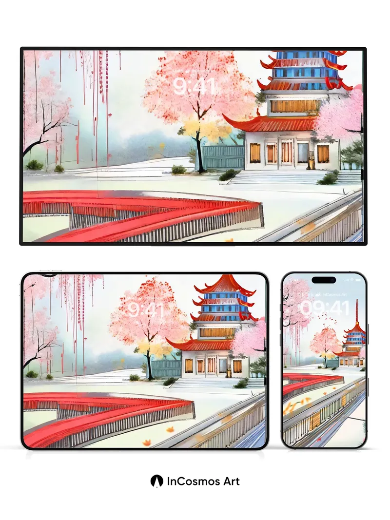 Serene Cherry Bloom Wallpaper with Floating Pagoda