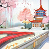 Serene Cherry Bloom Wallpaper with Floating Pagoda wallpaper for iPhone, iPad & Mac