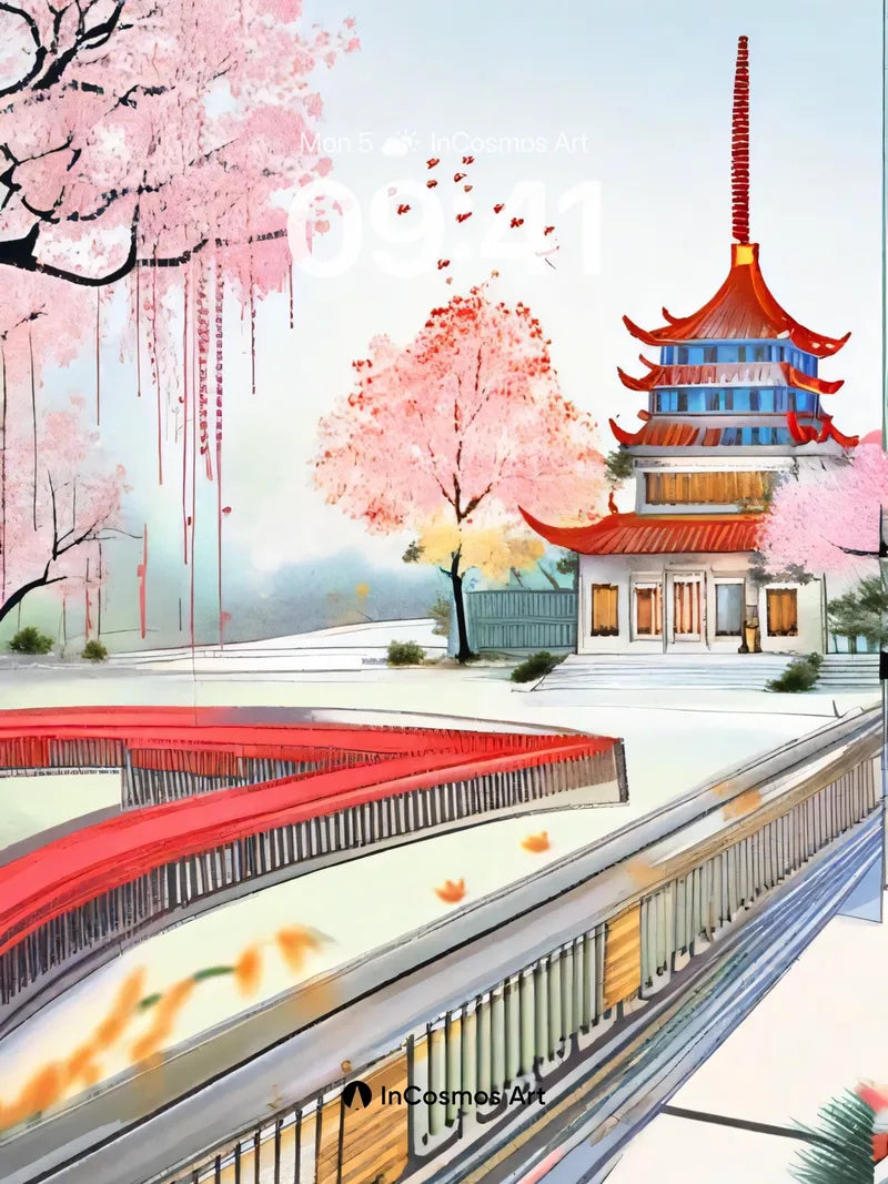 Serene Cherry Bloom Wallpaper with Floating Pagoda