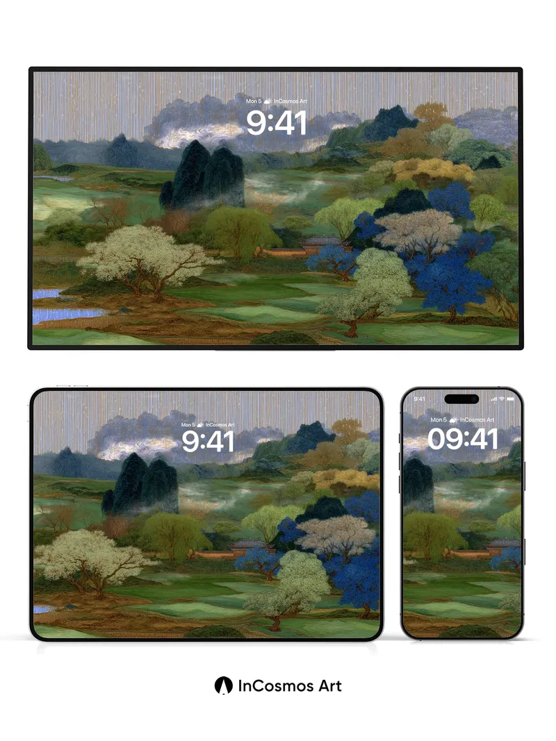 Serenity Bloom Wallpaper with Ink-Blot Trees