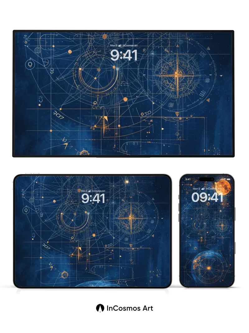 Cosmic Blueprint Wallpaper with Celestial Grid