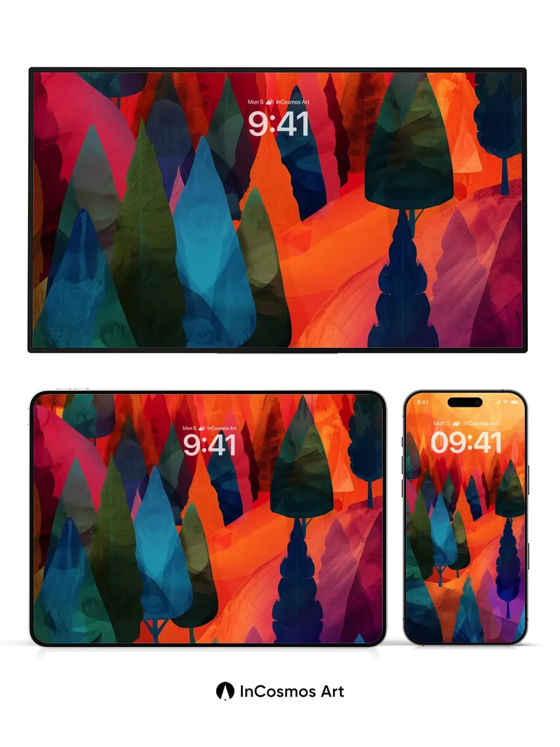 Crimson Reverie Wallpaper with Geometric Forests