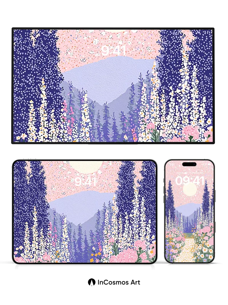 Luminous Meadow Wallpaper with Starry Sky Path