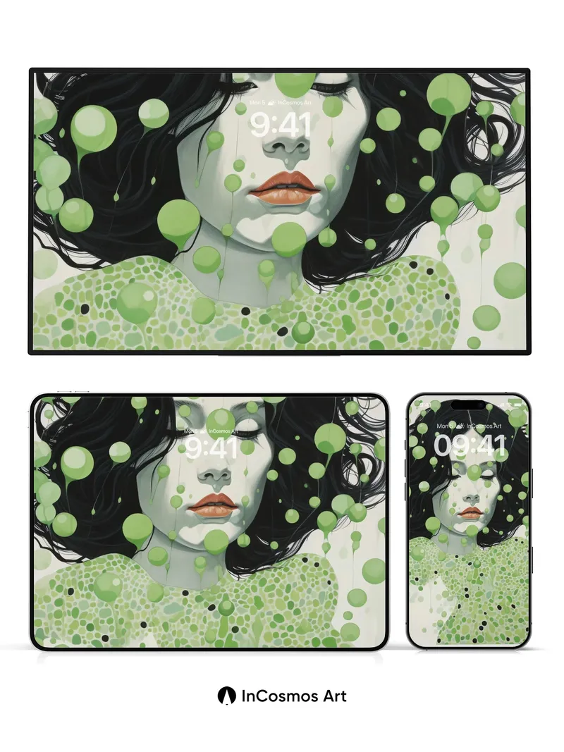 Surreal Green Bubbles Wallpaper with Ethereal Woman
