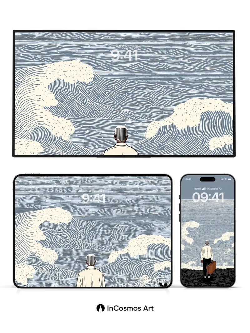 Serenity Wave Wallpaper with Suitcase Solitude