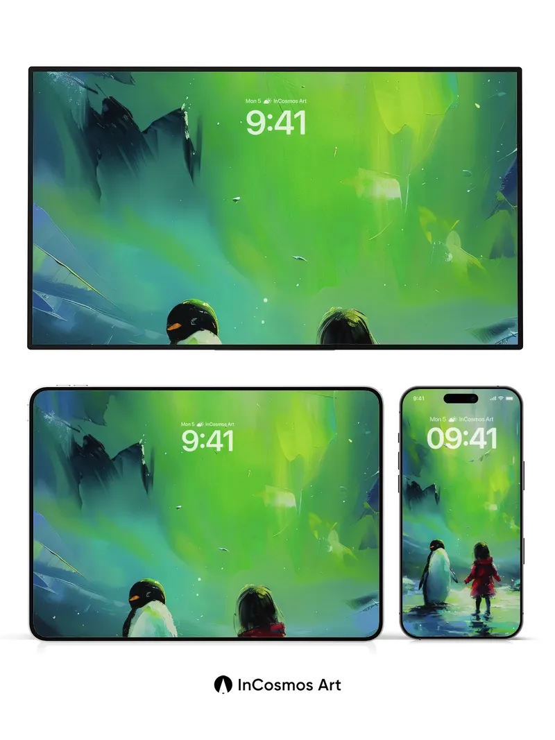 Aurora Whisper Wallpaper with Penguin and Child