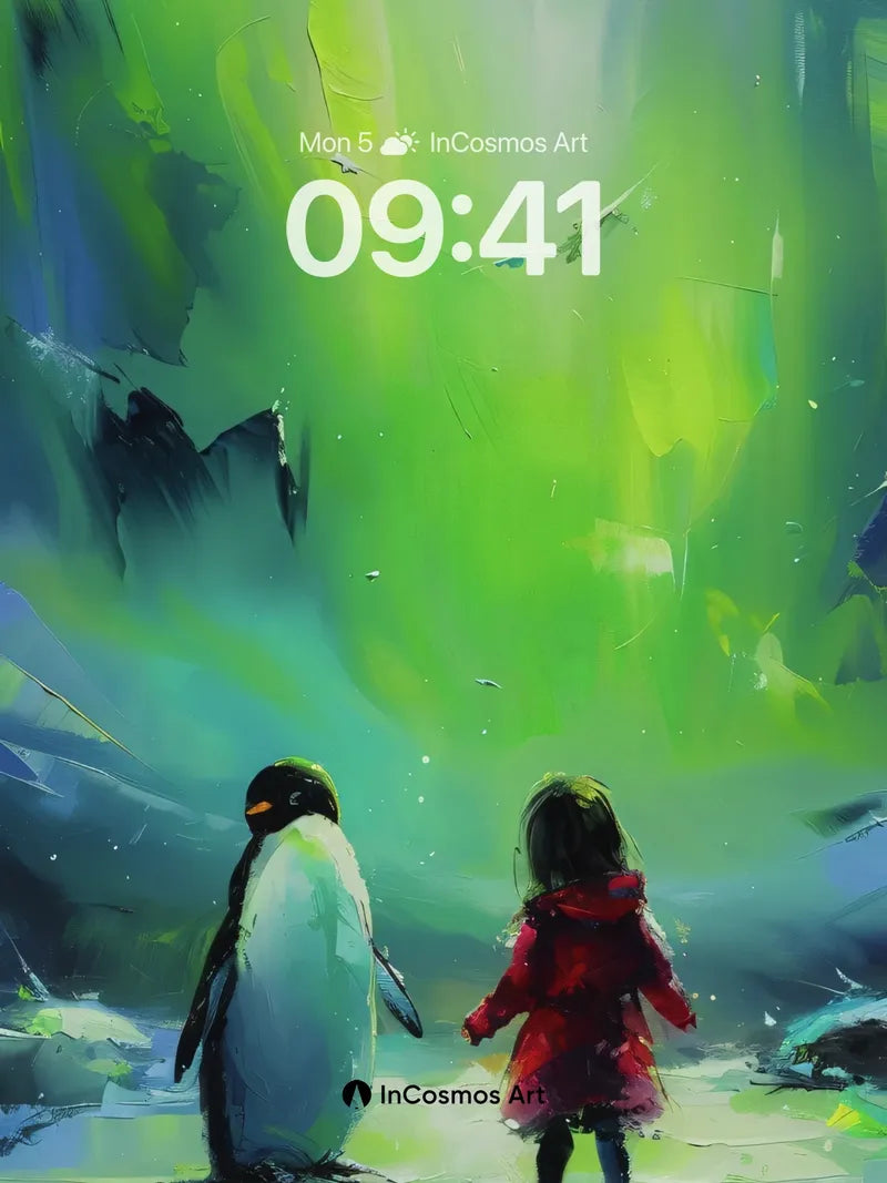 Aurora Whisper Wallpaper with Penguin and Child