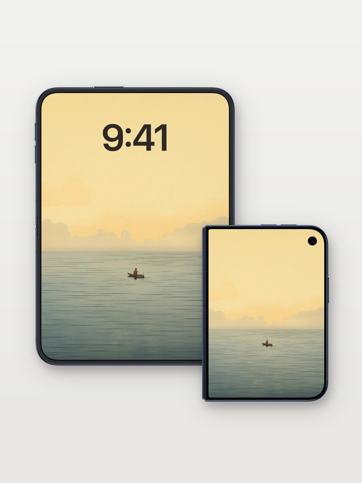 Serenity Drift Wallpaper with Golden Hush on iPhone Duo, open and closed