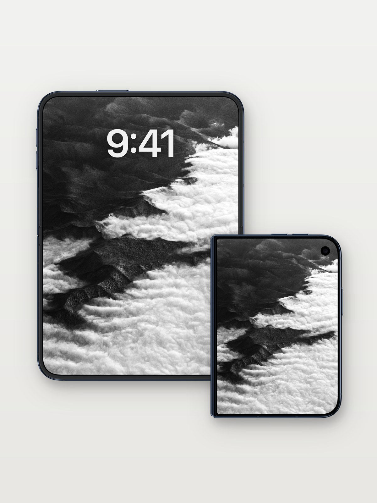 Shadowed Ridge Wallpaper with Cloud Veil on iPhone Duo, open and closed