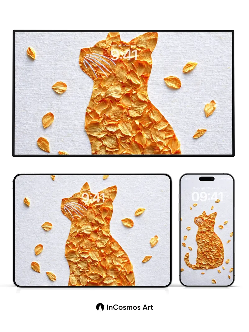 Golden Petal Cat Wallpaper with Floating Leaves