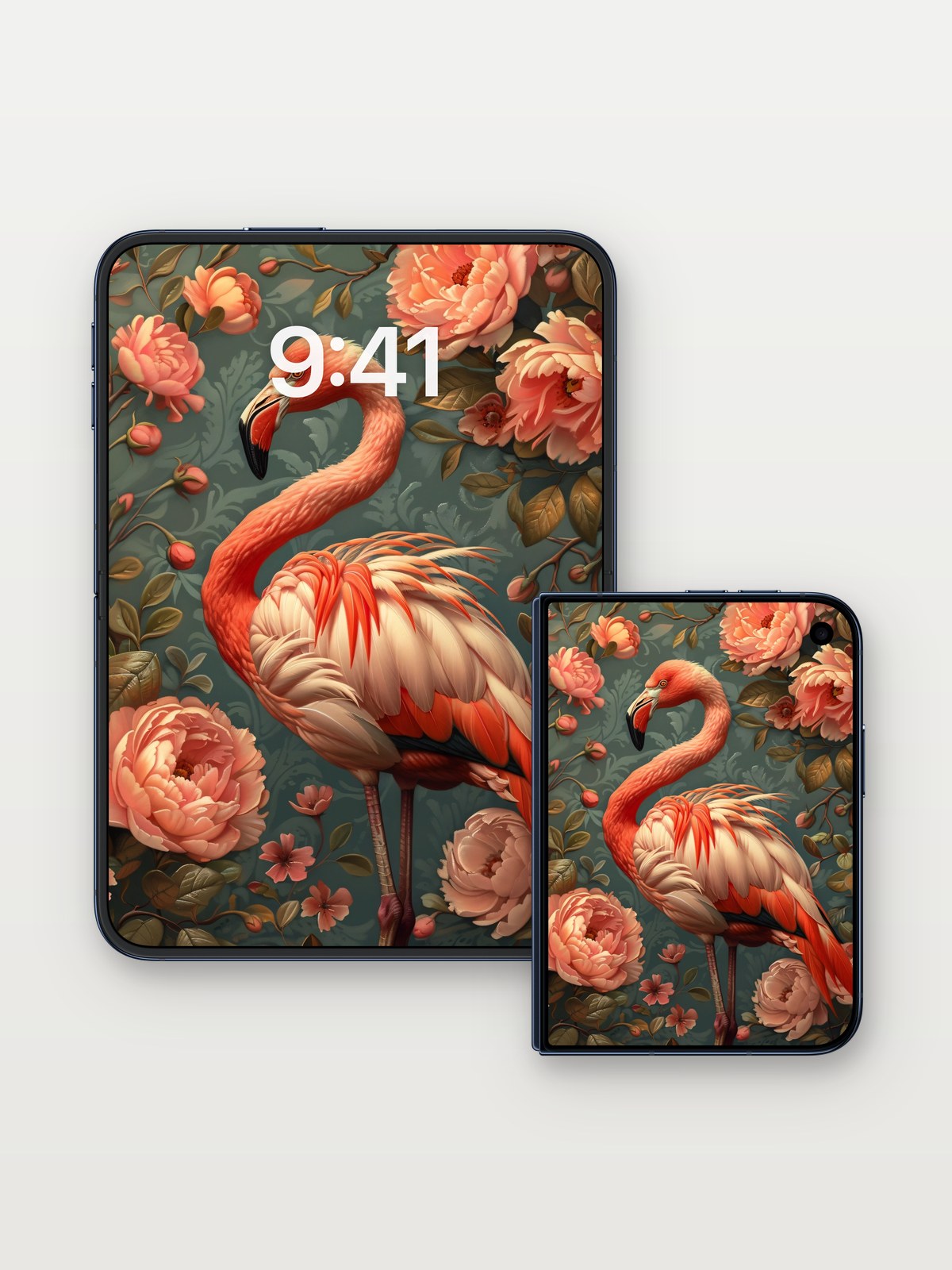 Velvet Flamingo Wallpaper with Rosy Bloom on iPhone Duo, open and closed