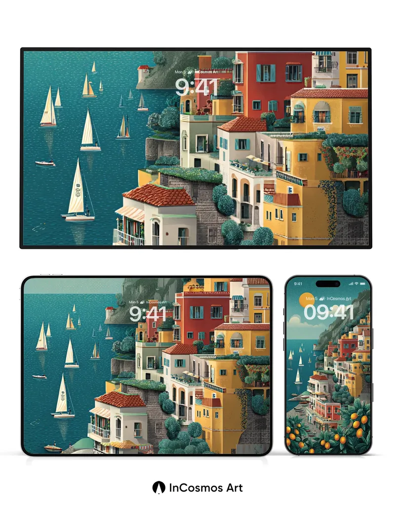 Sunlit Cliffside Wallpaper with Citrus Grove