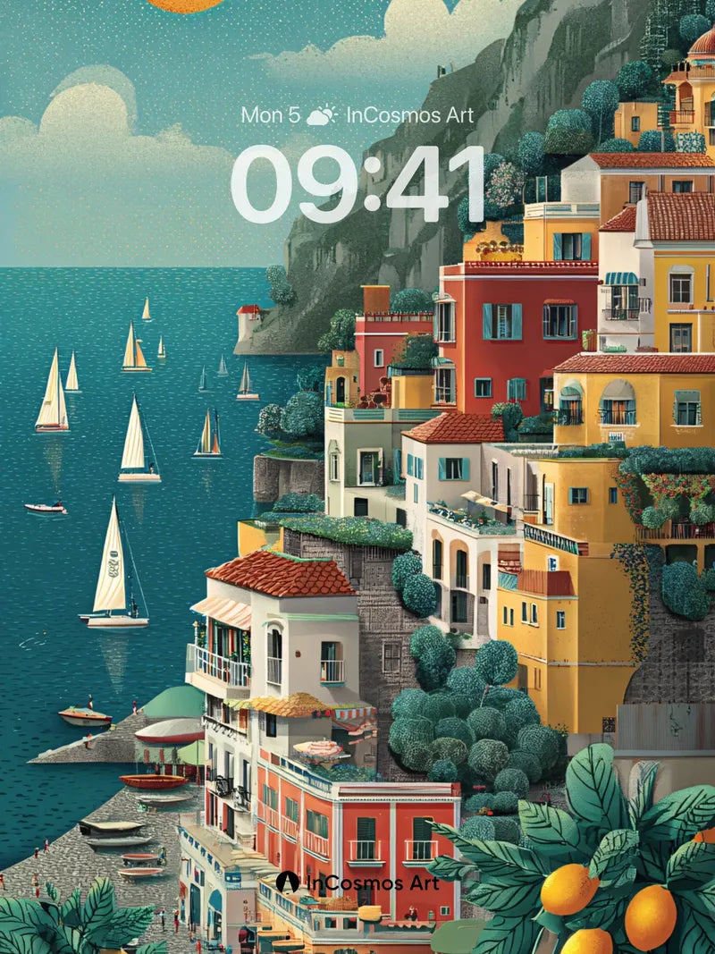 Sunlit Cliffside Wallpaper with Citrus Grove