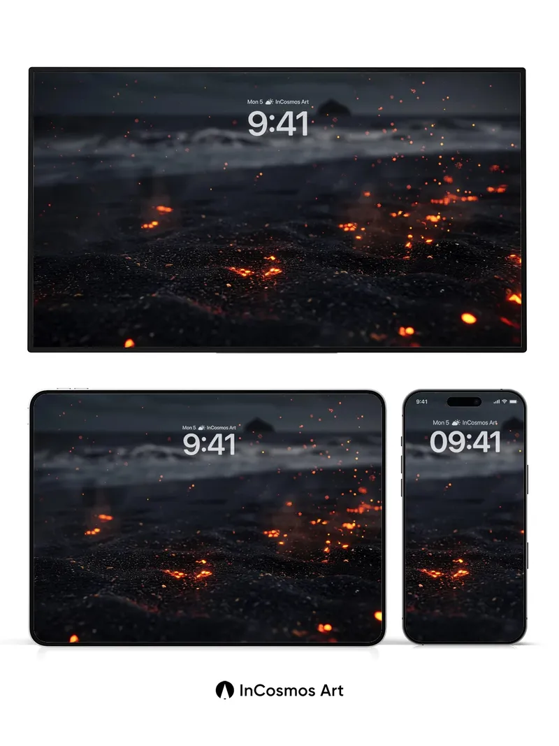 Emberlit Shore Wallpaper with Flickering Stars