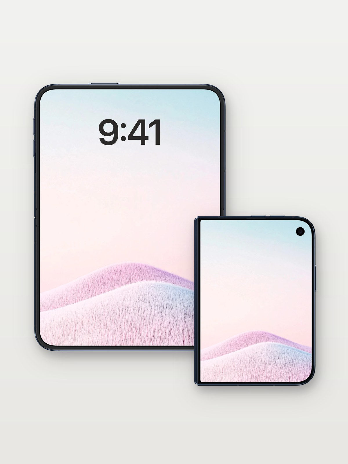 Serenity Dunes Wallpaper with Whispering Light on iPhone Duo, open and closed
