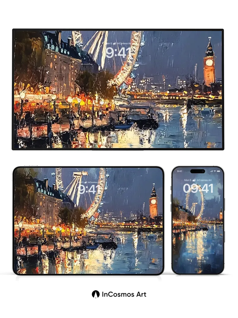 Luminous London Wallpaper with Reflective Water
