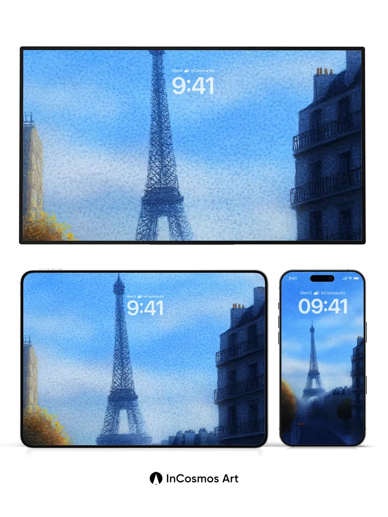 Misty Blue Horizon Wallpaper with Eiffel Tower Silhouette
