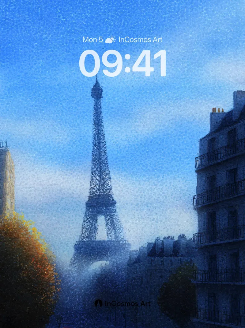 Misty Blue Horizon Wallpaper with Eiffel Tower Silhouette