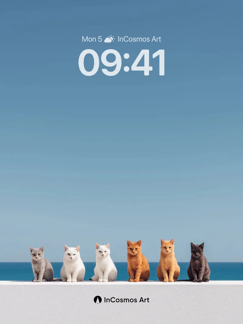 Serene Feline Lineup Wallpaper with Ocean Horizon wallpaper for iPhone, iPad & Mac